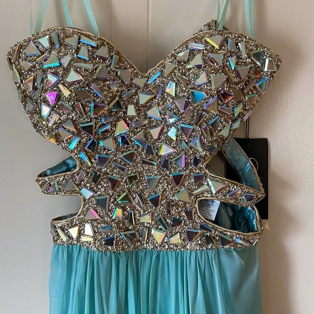 La Femme Blue Embellished Sequin & Gemstone Strapless Chiffon Dress Gown